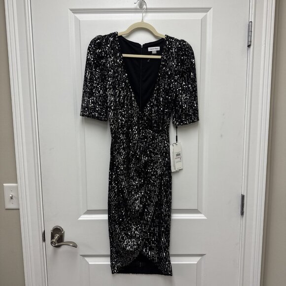 NWT Calvin Klein Women's Size 6 Bkack Short Sleeve Sequin Sheath Cocktail Dress - Picture 3 of 11